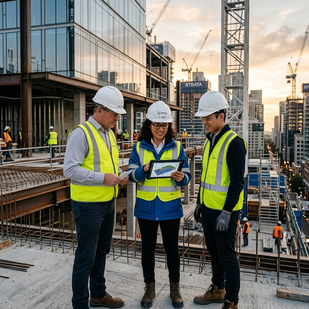 Civil engineers on site discussing blueprint coordinates
