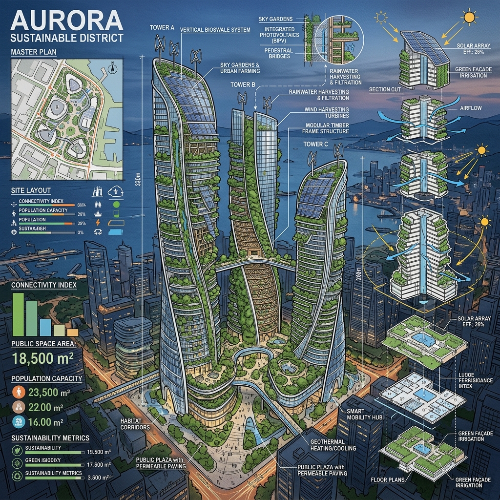 Futuristic sustainable architectural planning blueprint
